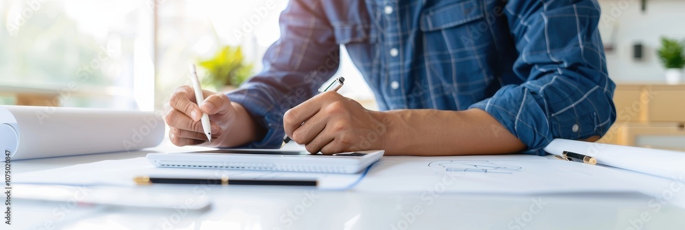 Poster architect or engineer working with stylus on tablet and blueprints in creative workspace