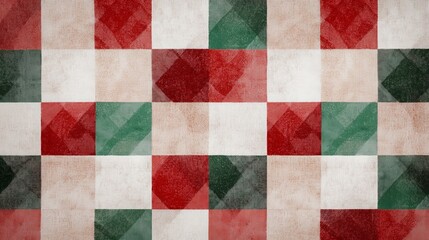 A textured fabric pattern featuring alternating red, green, and white squares, evoking a cozy, festive atmosphere.