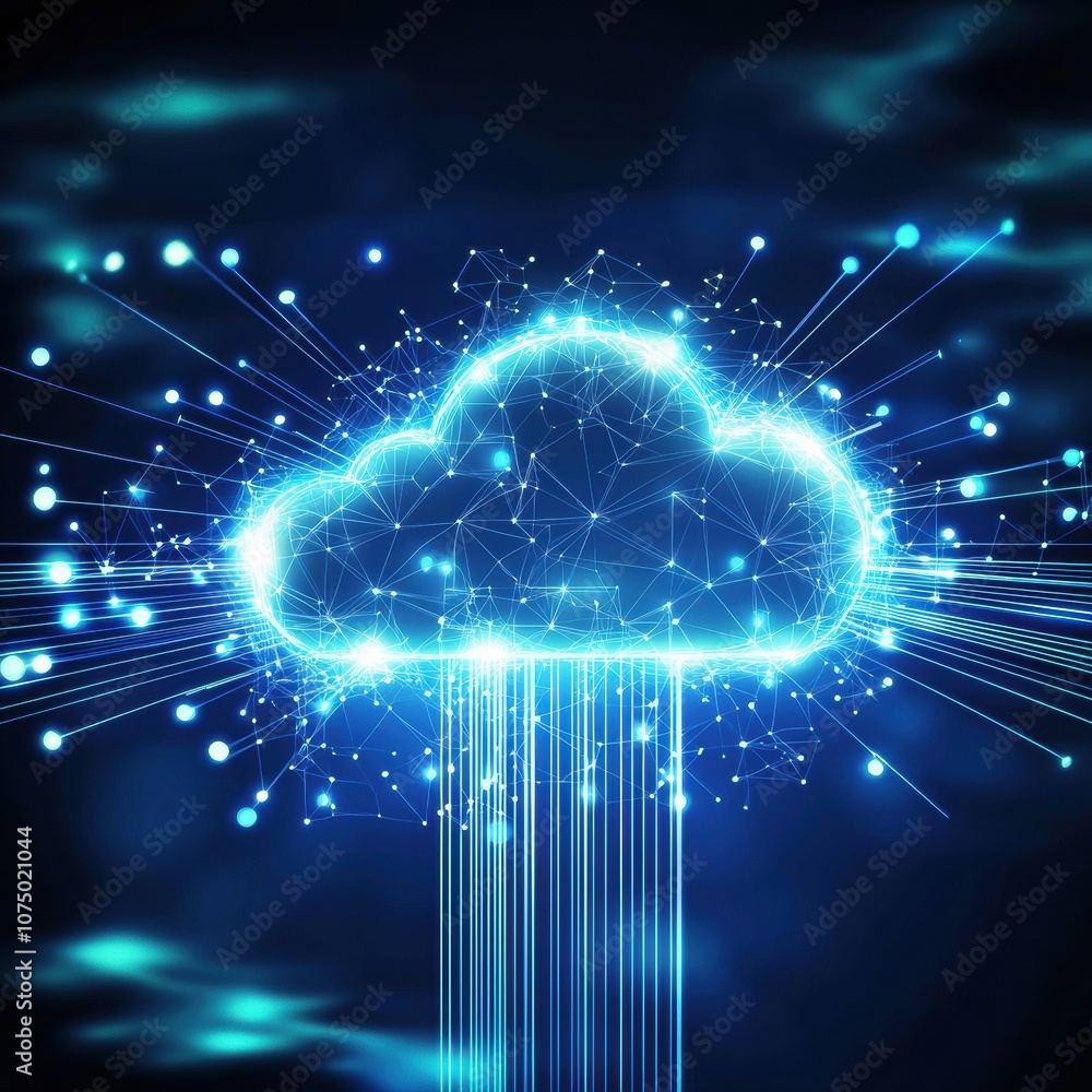 Poster cloud computing technology connecting digital elements on dark blue background