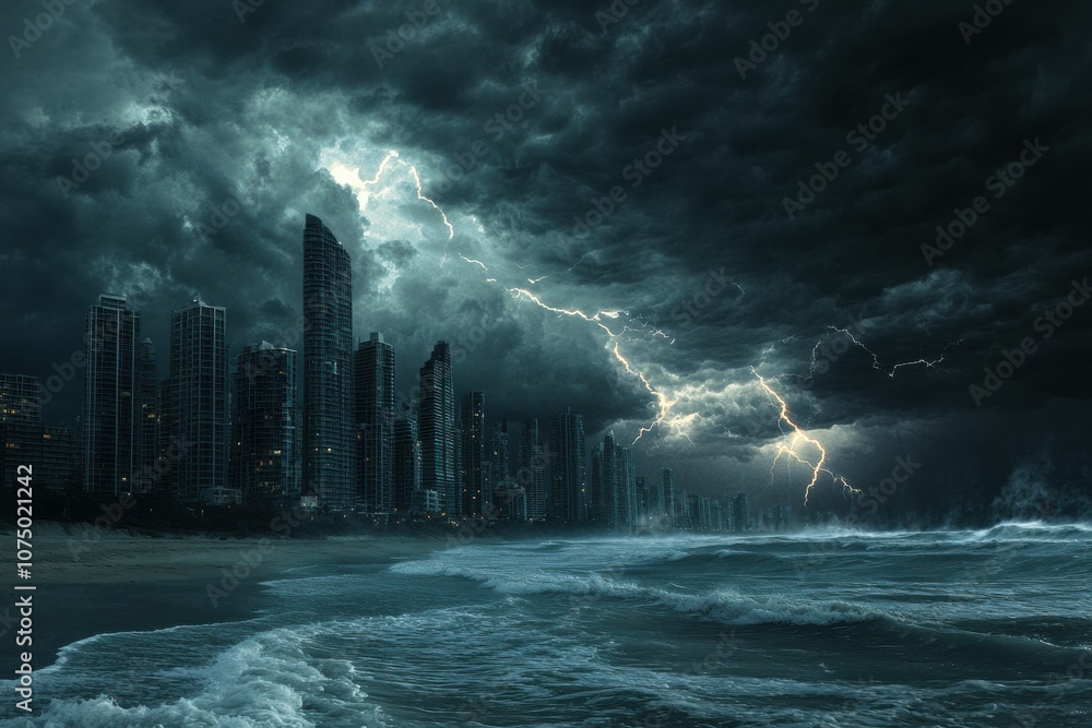 Aufkleber Dark clouds roll in, lightning illuminates the skyline while waves crash against the shore, hinting at an impending storm over the city. Generative AI