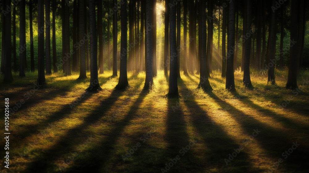Poster gentle sunlight filtering through towering trees, creating elongated shadows in a serene forest sett