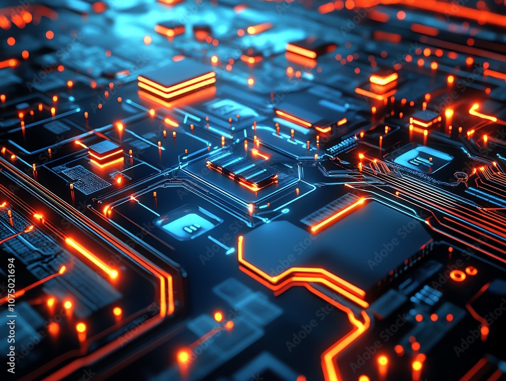 Poster close-up of a circuit board with glowing orange lines and blue background.
