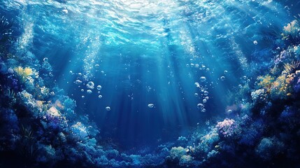 Stunning underwater view of blue ocean bubbles rising to the surface