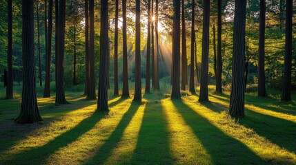 Gentle sunlight filtering through towering trees, creating elongated shadows in a tranquil woodland setting