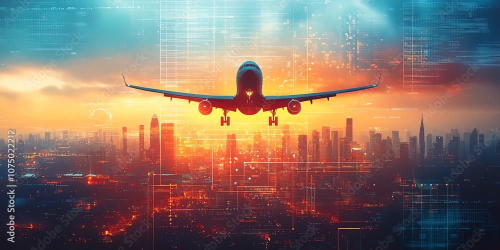 Poster airplane landing over a city at sunset, with digital data patterns in the background.