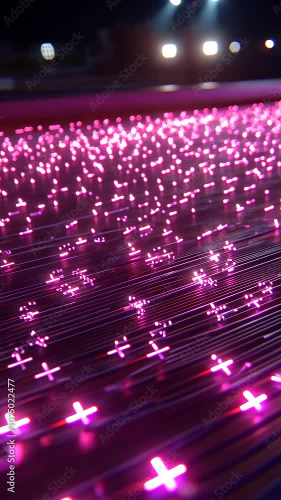 Poster a close-up view of pink lights illuminating a dark surface. the lights are in the shape of crosses, 
