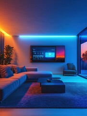 A contemporary living room showcases ambient smart lighting with customizable settings, creating a cozy and vibrant atmosphere. Generative AI