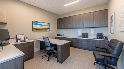 Modern Office Interior with Grey Cabinets, White Desk, and a Comfortable Chair