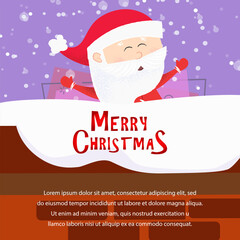 Merry Christmas poster design. Cute Santa Claus having fun on snow covered roof on blue background. Illustration can be used for banners, flyers, postcards