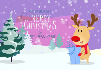 Merry Christmas greeting card design. Cute reindeer holding gift. Snowy fir trees in background. Illustration can be used for banners, posters, postcards