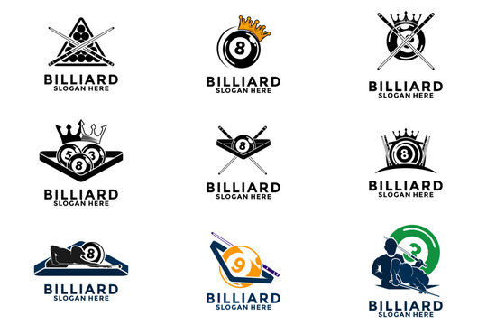 Set of Billiard logo design vector. Sport poolroom logo design. Billiards logo template collections