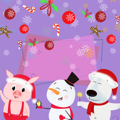 Merry Xmas greeting poster with cartoon trio. Illustration of snowman, polar bear and piglet. Can be used for postcards, greeting cards, leaflets