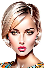 Modern Glamorous Woman with Sleek Blonde Bob and Bright Makeup