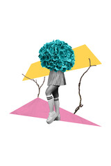 Vertical collage image of flourish flower stand mini black white effect girl legs tree branch...