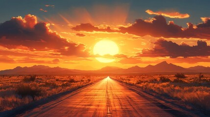 Desert highway at sunset through the open countryside