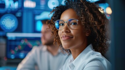 Confident woman with curly hair and glasses working in a modern office setting, surrounded by digital screens displaying data and financial charts.