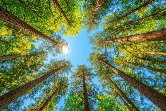 Bright sunshine shining through canopy of tall trees in spring