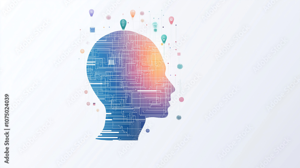 Poster digital mind: a stylized silhouette of a human head, constructed from digital circuitry and surround
