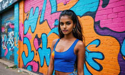 Fototapeta premium A woman stands in front of a colorful wall with graffiti on it