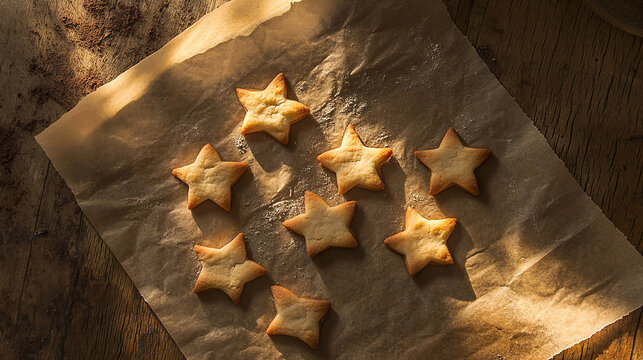 Freshly baked star cookies on parchment paper