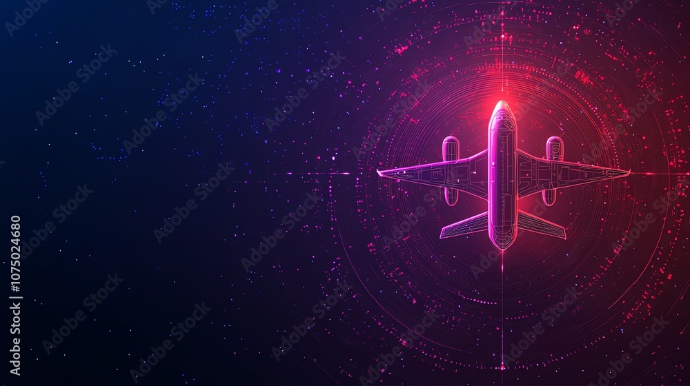 Poster a futuristic digital airplane with glowing red and blue lights in the middle of a blue and red backg