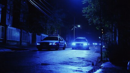 Obraz premium Nighttime crime investigation scene with flashing police cars, setting a dramatic backdrop for a movie intro.