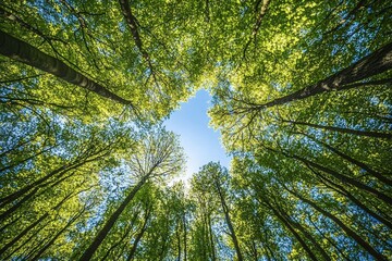 Fototapeta premium Sunlight filtering through green canopy of tall trees in forest