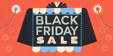Vintage Black Friday Sale Illustration with Retro Design Elements on Red Background