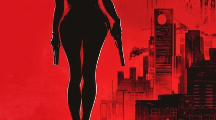 Noir-style detective silhouette holding a gun, with a stylish red cityscape and a womans legs in the background.