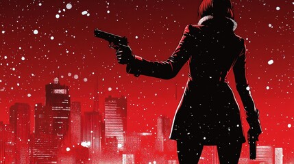 Noir-style detective silhouette holding a gun, with a stylish red cityscape and a womans legs in the background.