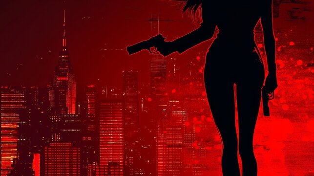 Noir-style detective silhouette holding a gun, with a stylish red cityscape and a womans legs in the background. - Powered by Adobe