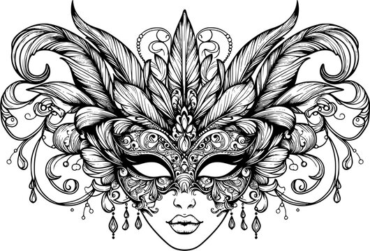 recommend clip art: carnival mask on black, masquerade mask on black, Vector Illustration. Golden carnival mask with feathers, hand drawn style of masquerade.