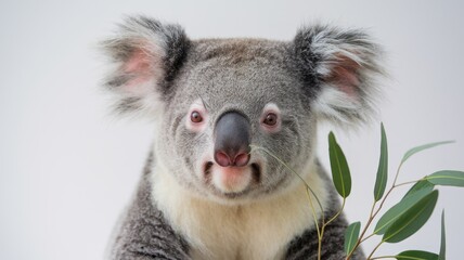 Obraz premium Close up portrait of a koala eating eucalyptus leaves.