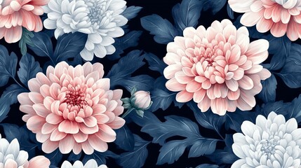 Seamless Pattern of Pink and White Chrysanthemums with Navy Blue Leaves. AI generated illustration