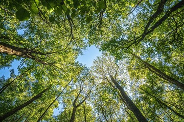 Fototapeta premium Sunlight filtering through canopy of tall trees in forest