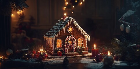 Obraz premium Festive Gingerbread House Illuminated by Candlelight. AI generated illustration