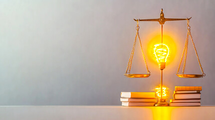 Creative representation of a balance scale with a glowing light bulb, symbolizing innovation, justice, and enlightenment above a stack of books on a minimalist background