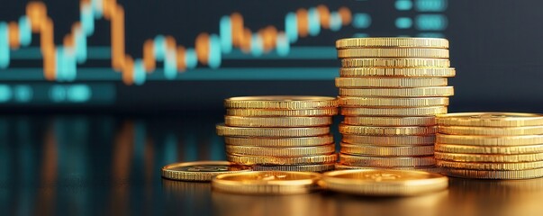 Financial planner with gold coins, digital savings graphs in background, secure wealth