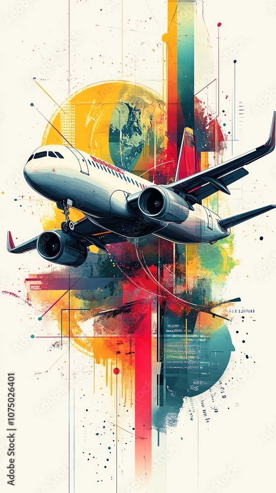 Poster An abstract illustration of a white airplane flying through a colorful background with geometric shapes and splashes of paint.