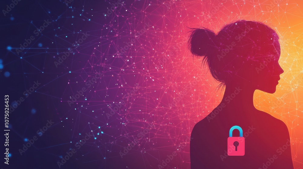 Poster the silhouette highlights the concept of privacy with a digital lock symbol and colorful abstract pa