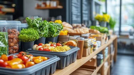 Fototapeta premium Colorful baskets filled with fresh vegetables, fruits, and baked goods are arranged neatly on wooden shelves in a vibrant market. The inviting atmosphere features natural light and greenery, perfect f