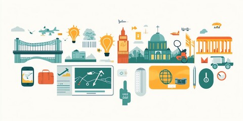 Flat design illustration of various travel icons, including bridge, airplane, compass, and world map.