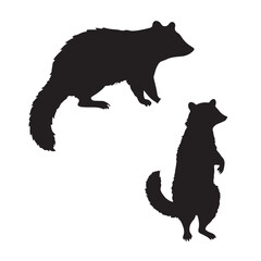 Pattern of black raccoon silhouettes in various poses on a white background