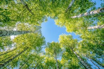 Birch trees reaching for the blue sky on a sunny day