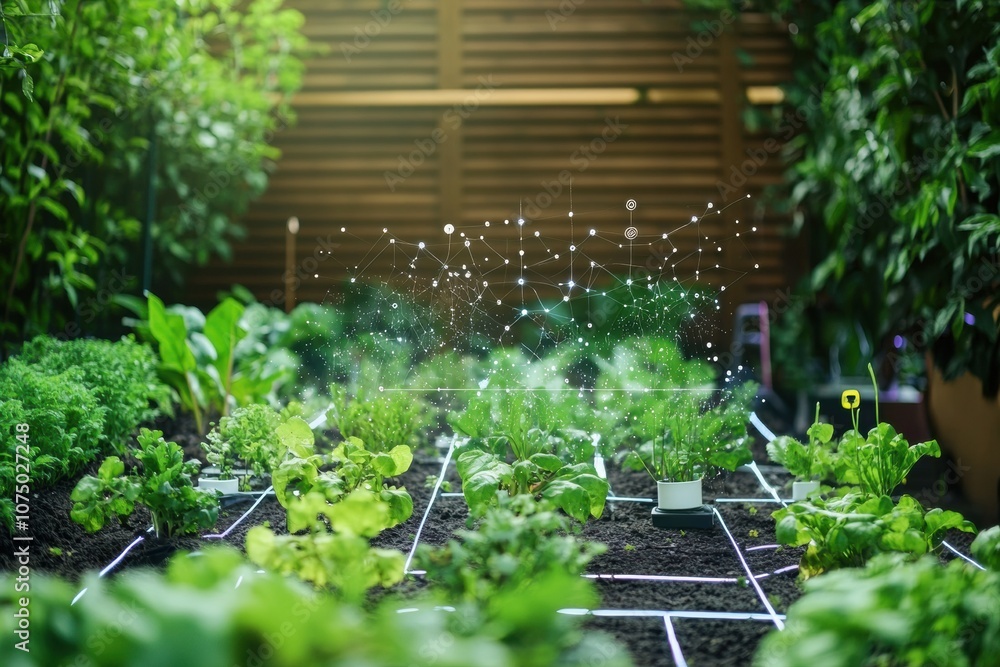 Poster This smart garden is thriving with lush greens while automated sprinklers and soil sensors optimize plant care in a modern environment. Generative AI