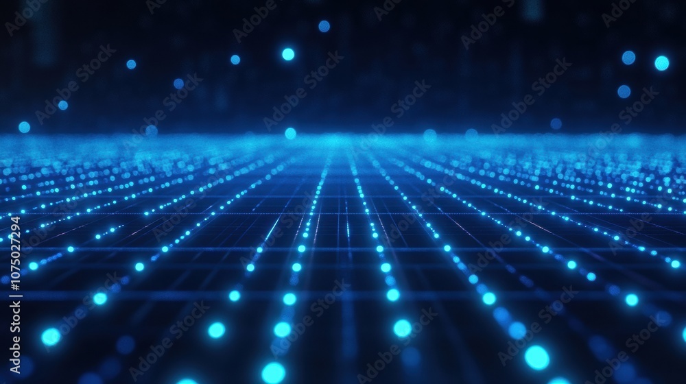 Poster glowing blue particles flowing on digital grid lines, big data transfer concept