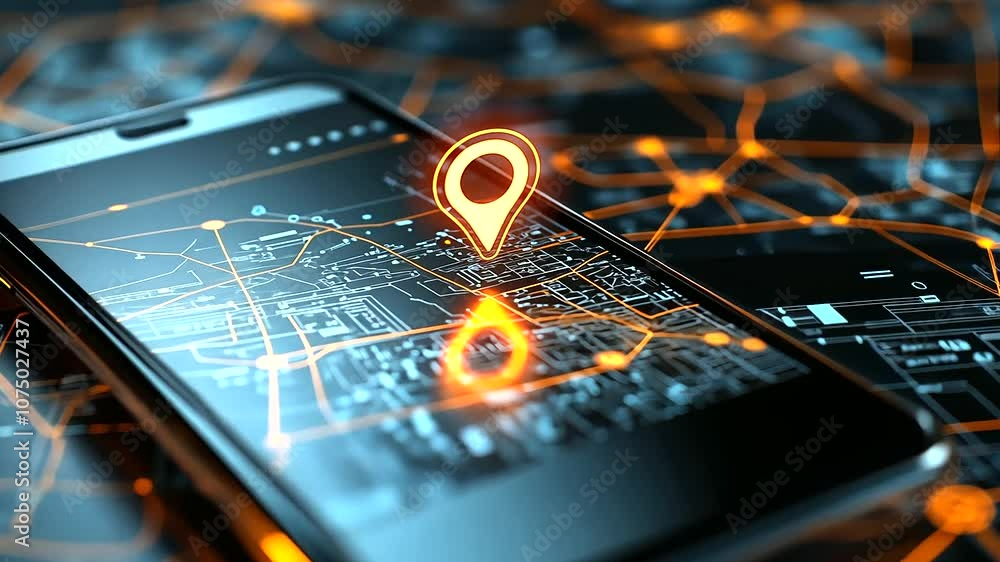 Poster a smartphone screen displaying a glowing gps location pin, surrounded by roadmaps and travel plans, 