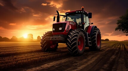 A photo of a tractor and plow on a farm at sunrise