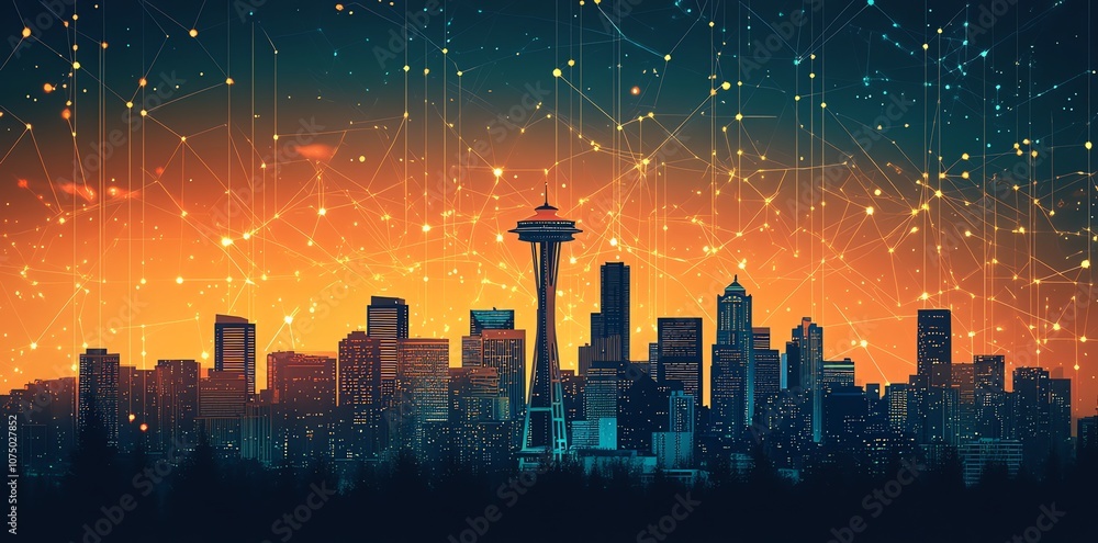 Poster a modern city skyline at night with a network of glowing lines connecting buildings.