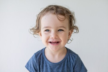 A happy little boy with blonde curly hair smiles for the camera.